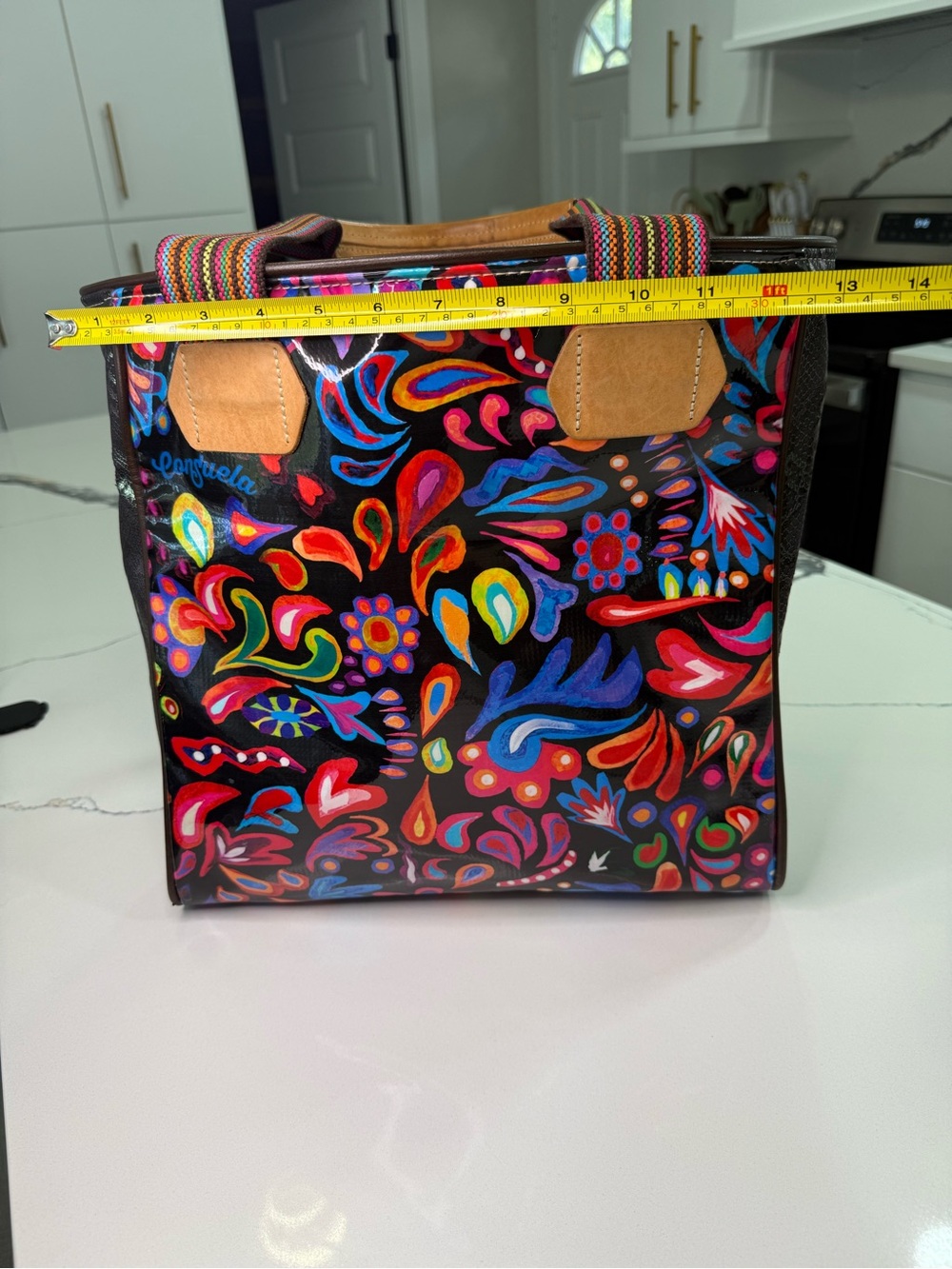 Consuela Floral Multicolor Medium Tote Bag Black Striped Handles Zip Pockets - Picture 8 of 9